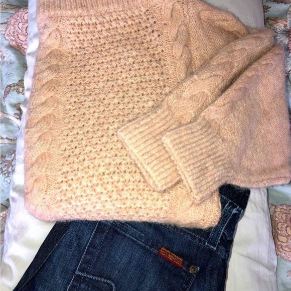 Sleeping on Snow off the shoulder blush rose cable knit sweater - Picture 2 of 5